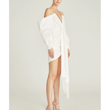 Frida Draped Dress in white with cold-shoulder sleeves and asymmetrical hem — Amur | Endless UAE