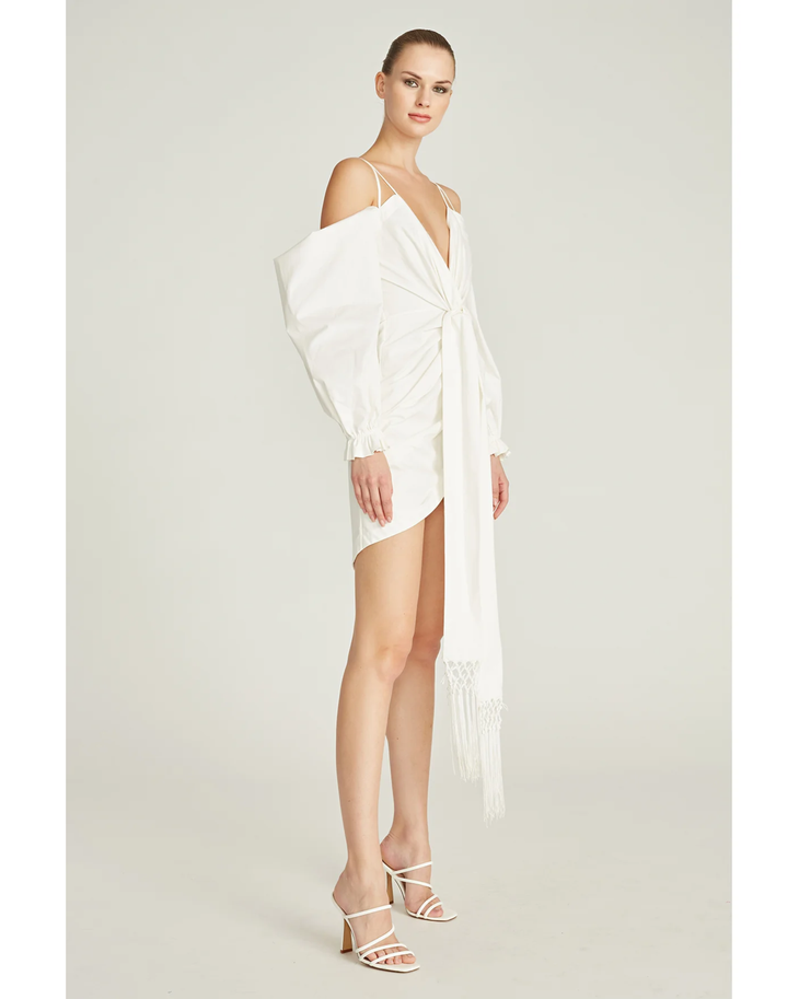 Frida Draped Dress in white with cold-shoulder sleeves and asymmetrical hem — Amur | Endless UAE