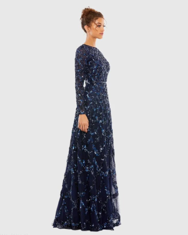 Navy sequined long sleeve illusion neck A-line evening gown with embellished details, side view — Mac Duggal | Endless UAE