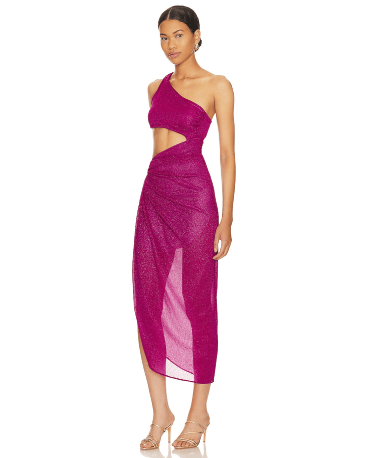 Magenta glitter one-shoulder midi dress with cutout waist and high slit — Baobab | Endless UAE