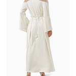 Ivory maxi dress with sheer mesh shoulders, bell sleeves, and braided rope belt tie at waist, shown from back — Nass | Endless UAE
