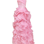 Floor-length pink strapless gown with dramatic cascading rose appliques and ruched bodice — Milla | Endless UAE