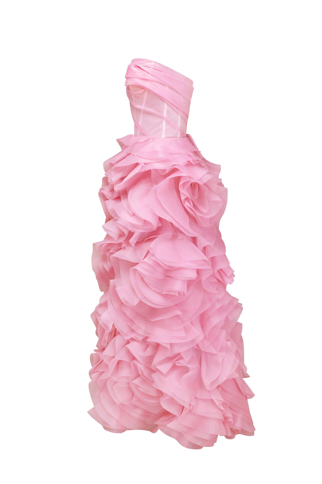 Floor-length pink strapless gown with dramatic cascading rose appliques and ruched bodice — Milla | Endless UAE