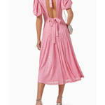 Pink puffed-sleeve sequin midi dress with gathered waist — Rotate Birger Christensen | Endless UAE