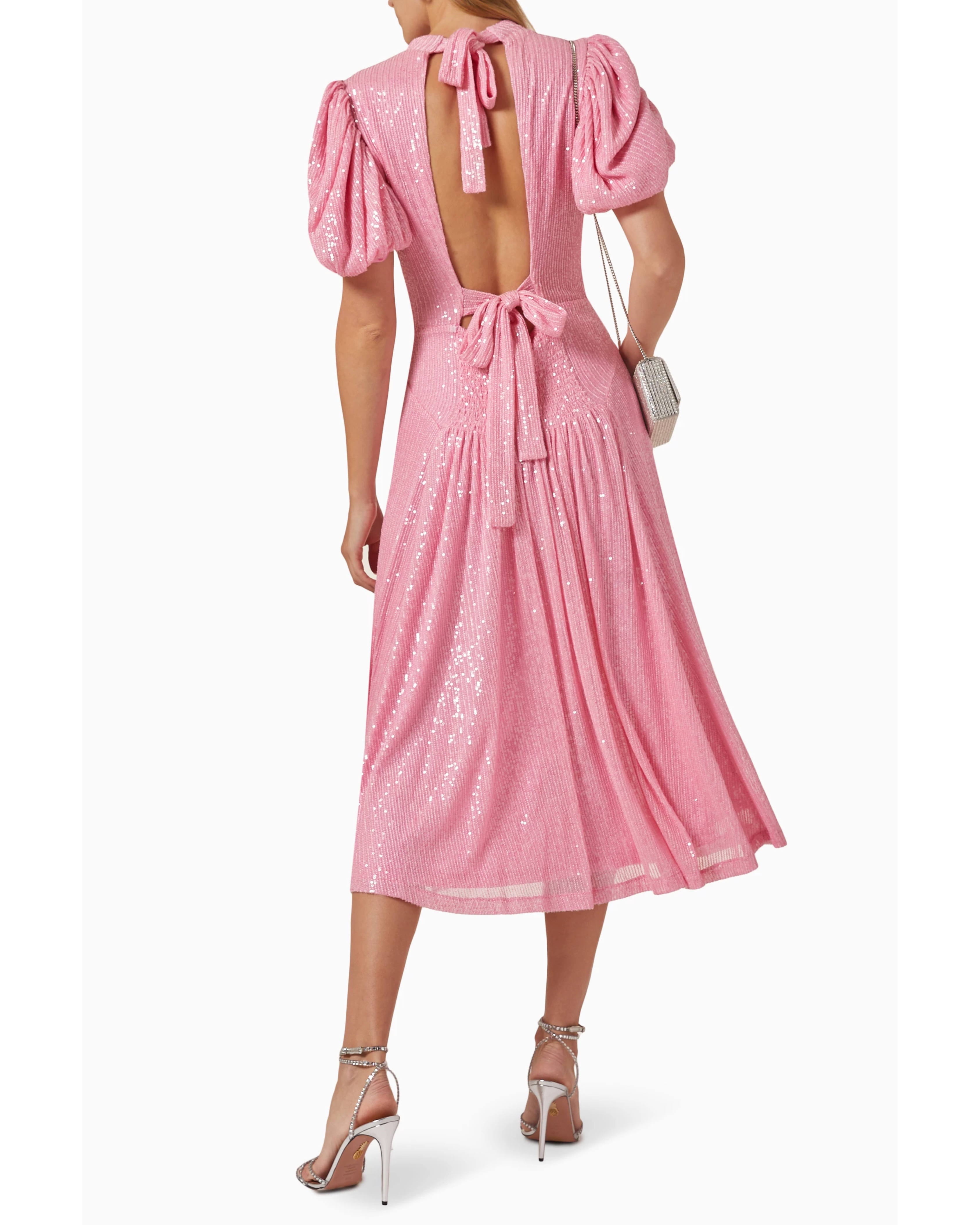 Pink puffed-sleeve sequin midi dress with gathered waist — Rotate Birger Christensen | Endless UAE