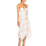 White floral printed bustier dress with spaghetti straps, fitted bodice, asymmetric handkerchief hem, and eyelet lace detail — Zimmermann | Endless UAE