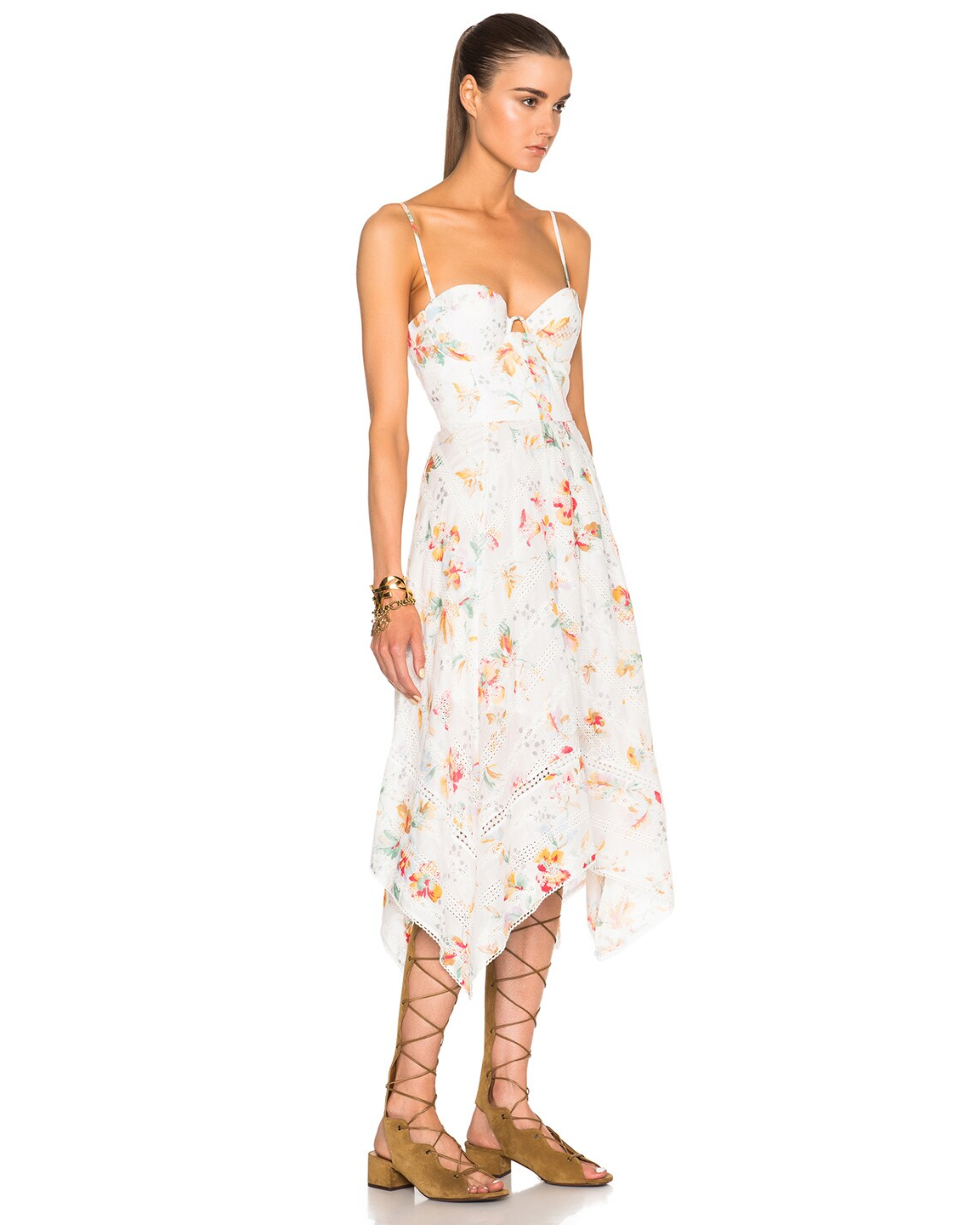 White floral printed bustier dress with spaghetti straps, fitted bodice, asymmetric handkerchief hem, and eyelet lace detail — Zimmermann | Endless UAE