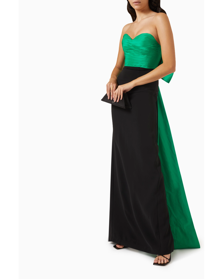 Strapless colorblock maxi gown in emerald green silk taffeta and black stretch crepe with sweetheart neckline — Jovani | Endless UAE