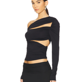 Black asymmetric one-shoulder cutout top with long sleeves and twisted draping detail — Lioness | Endless UAE
