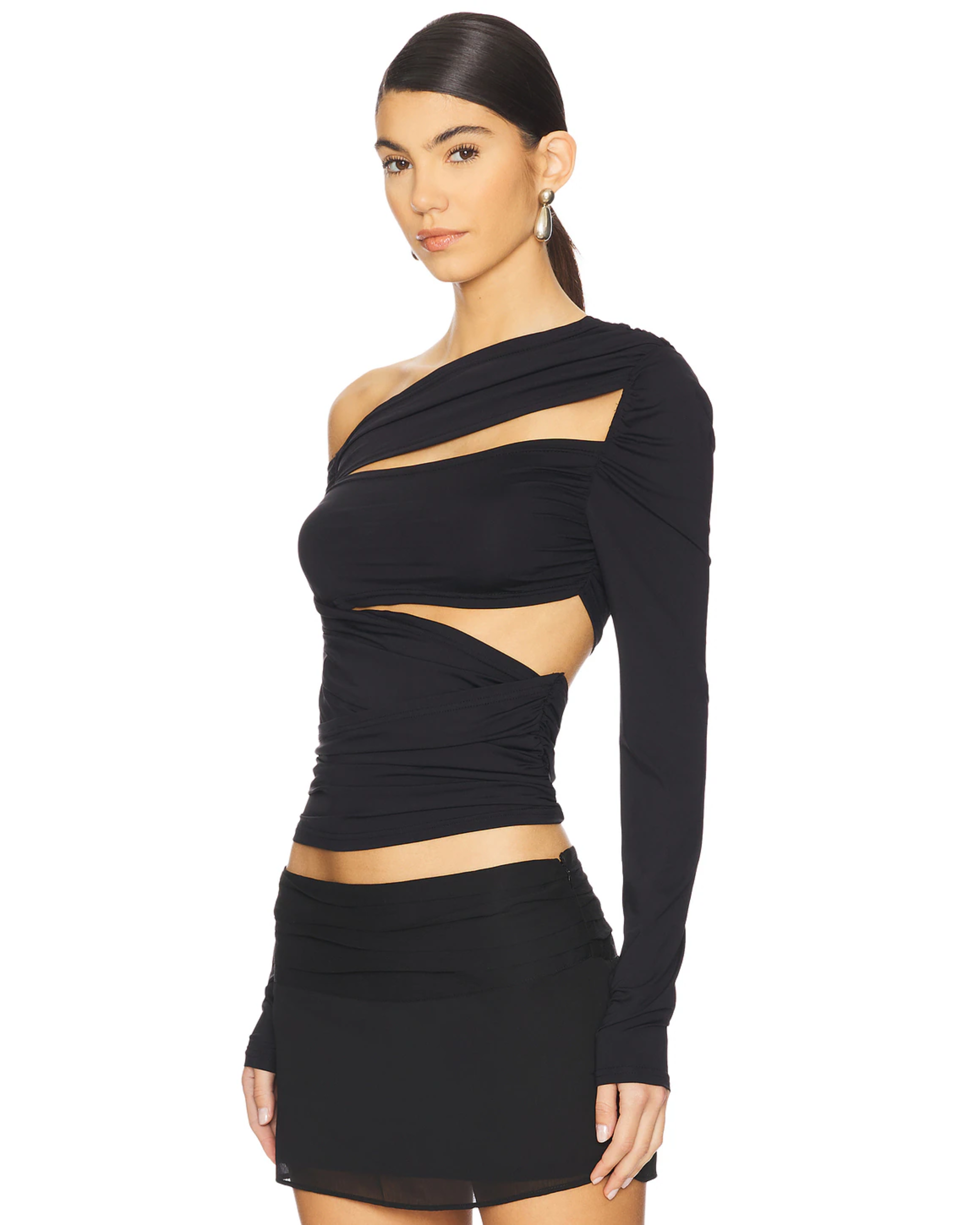 Black asymmetric one-shoulder cutout top with long sleeves and twisted draping detail — Lioness | Endless UAE