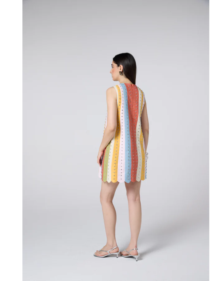 Colorful striped Niji dress with scalloped hem and keyhole neckline — Mayka | Endless UAE