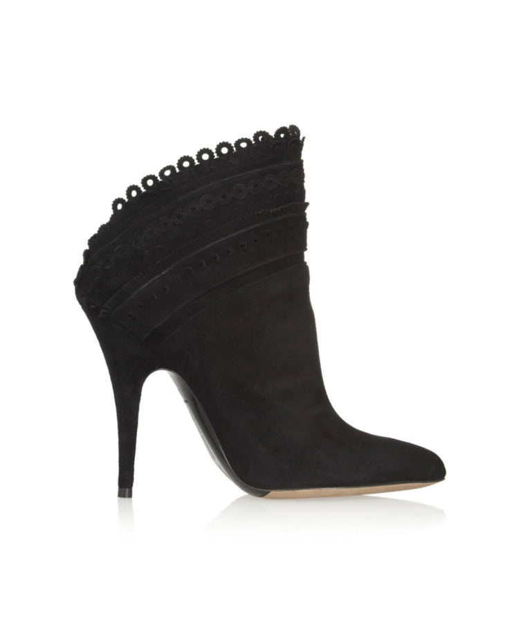 Black suede ankle boots with scalloped lace trim and stiletto heel — Tabitha Simmons | Endless UAE