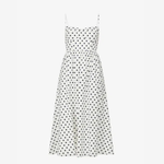 White midi dress with black polka dots, sweetheart neckline, and thin spaghetti straps — Reformation | Endless UAE