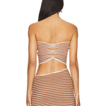 Brown and white striped strapless co-ord set with cutout details and gold button accents — Retrofete | Endless UAE