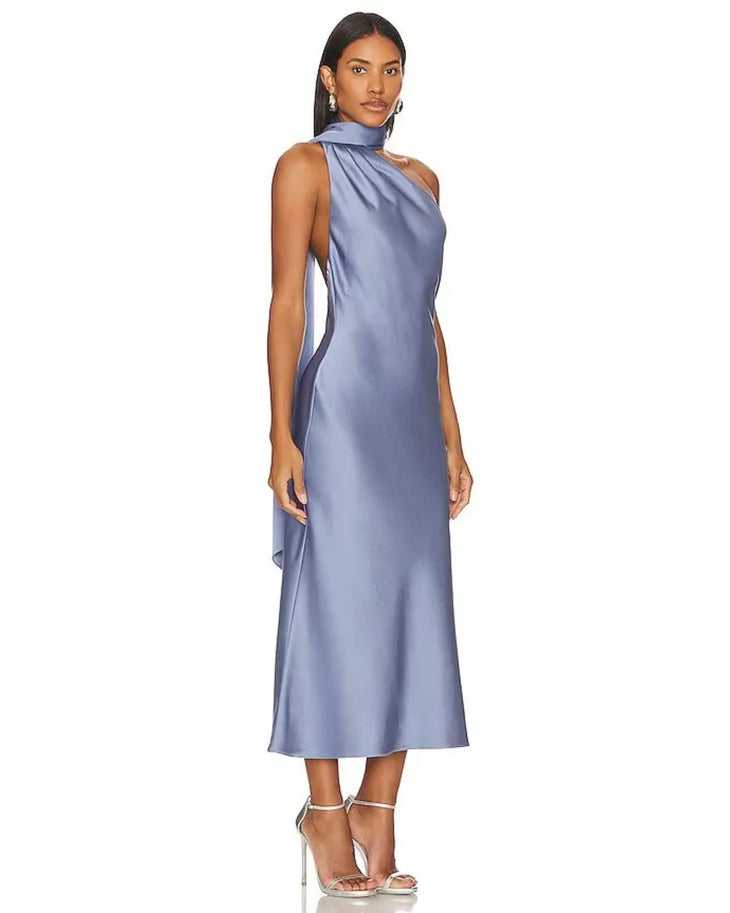 Elegant sleeveless midi dress in periwinkle blue satin with asymmetric neckline and draped detailing — Misha | Endless UAE