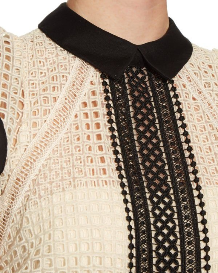 Cream textured sleeveless dress with black contrast trim and flounced hem — Self-Portrait | Endless UAE