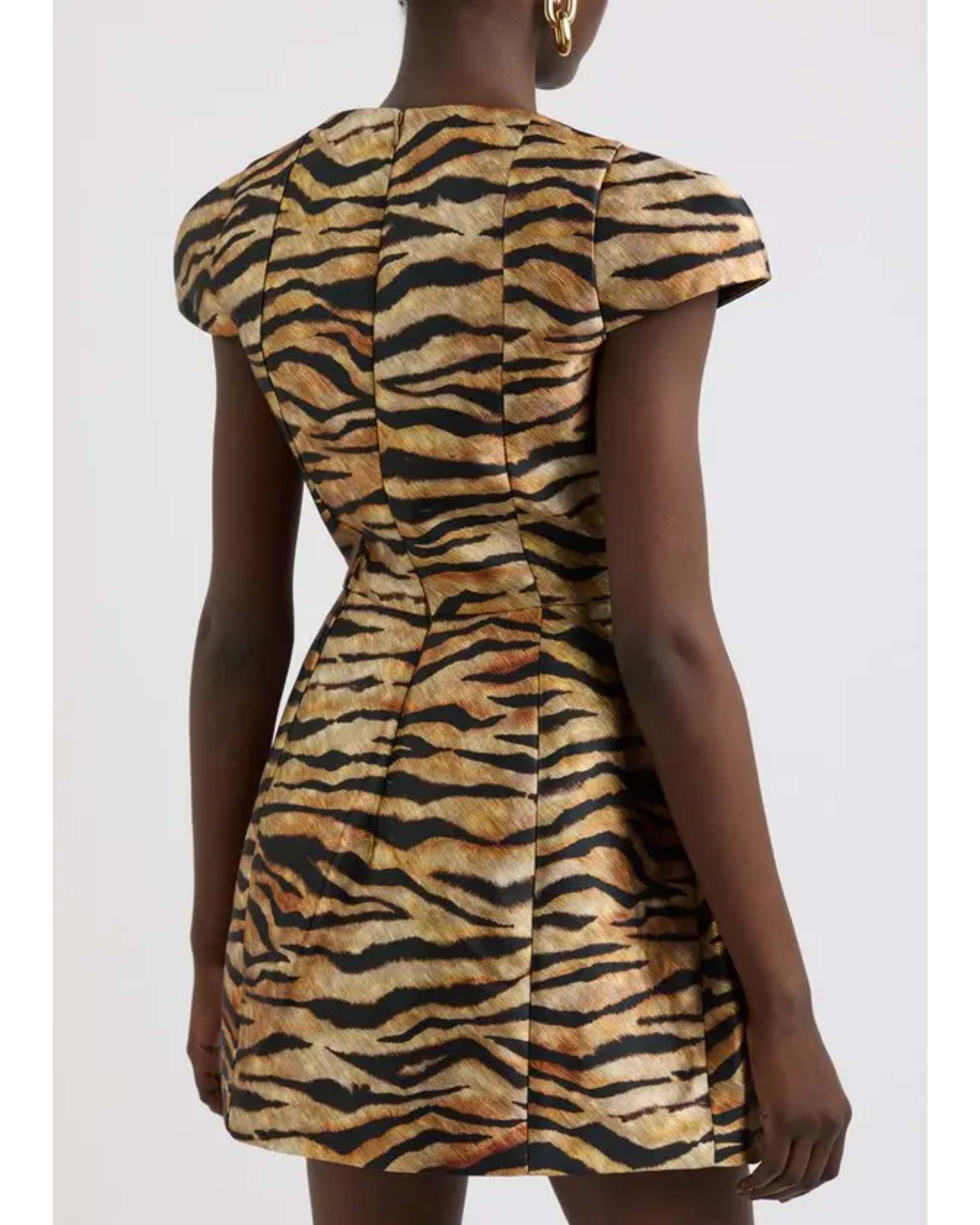 Tiger-striped structured mini dress with puff sleeves and ruched detail — De La Vali | Endless UAE