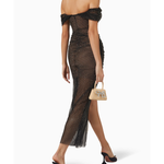 Off-shoulder rhinestone mesh midi dress with thigh slit in black — Self-Portrait | Endless UAE