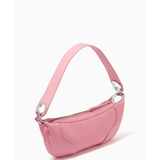 Pink leather mini shoulder bag with dual handles displayed against neutral background — By Far | Endless UAE