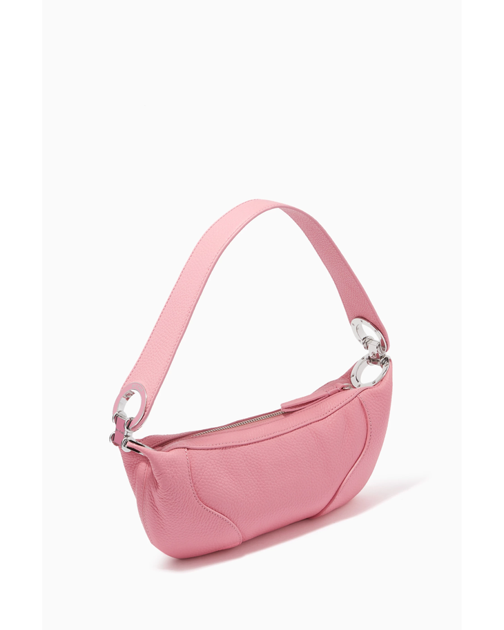 Pink leather mini shoulder bag with dual handles displayed against neutral background — By Far | Endless UAE