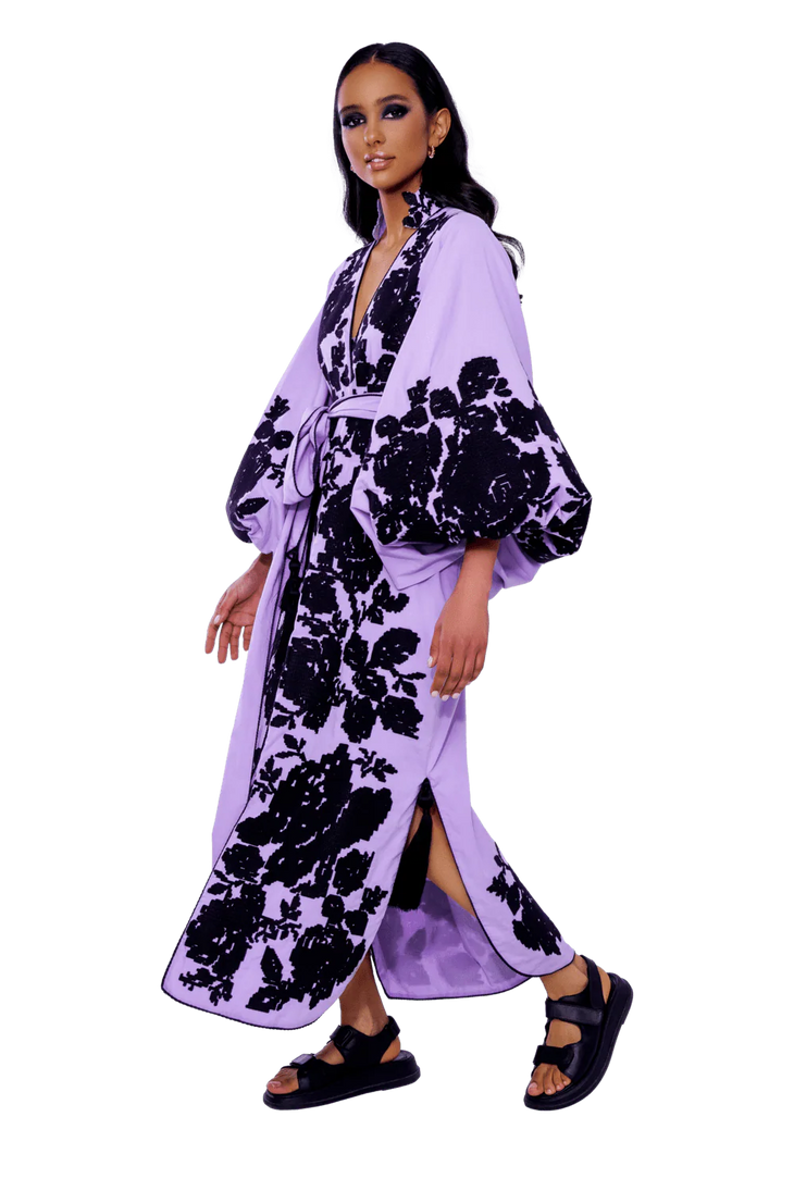 Purple cotton caftan midi with black floral embroidery and balloon sleeves — Yuliya Magdych | Endless UAE