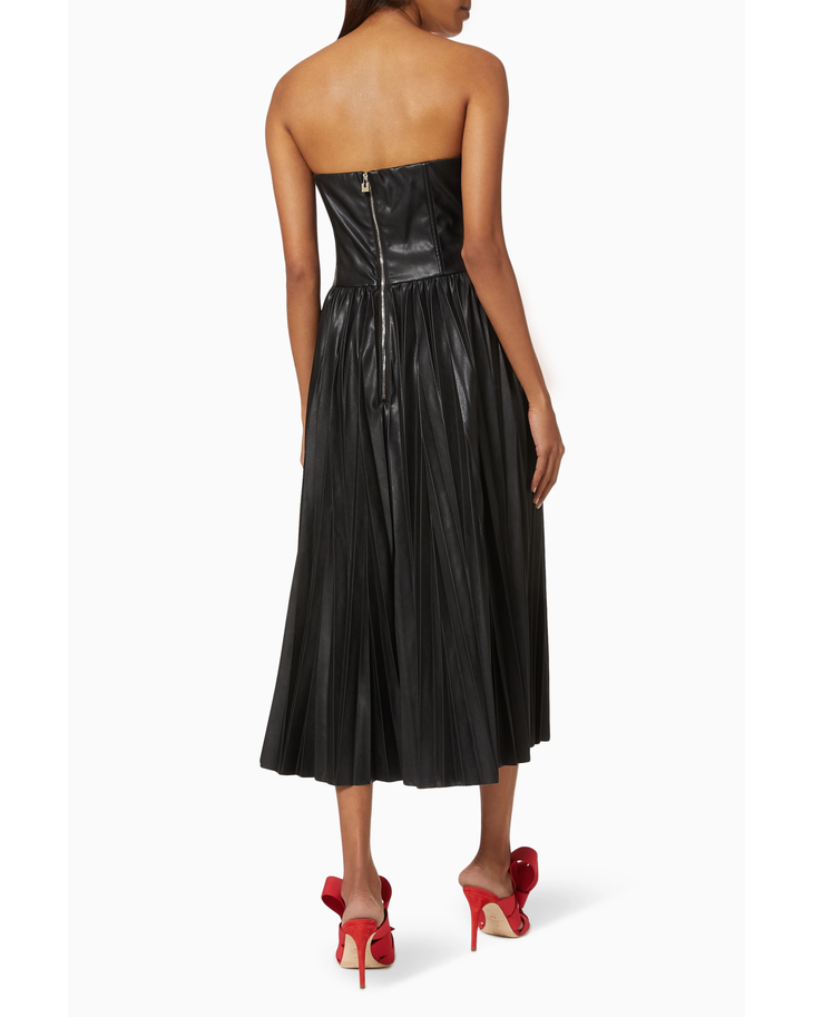 Black strapless vegan leather midi dress with pleated skirt and back zipper closure, styled with red heels — Elisabetta Franchi | Endless UAE