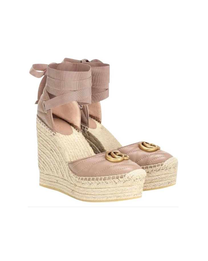 Beige leather GG Marmont espadrille wedge sandal with ankle wrap — Gucci | Endless UAE