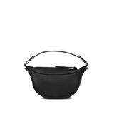 Black leather mini shoulder bag with textured finish held open to show interior — By Far | Endless UAE