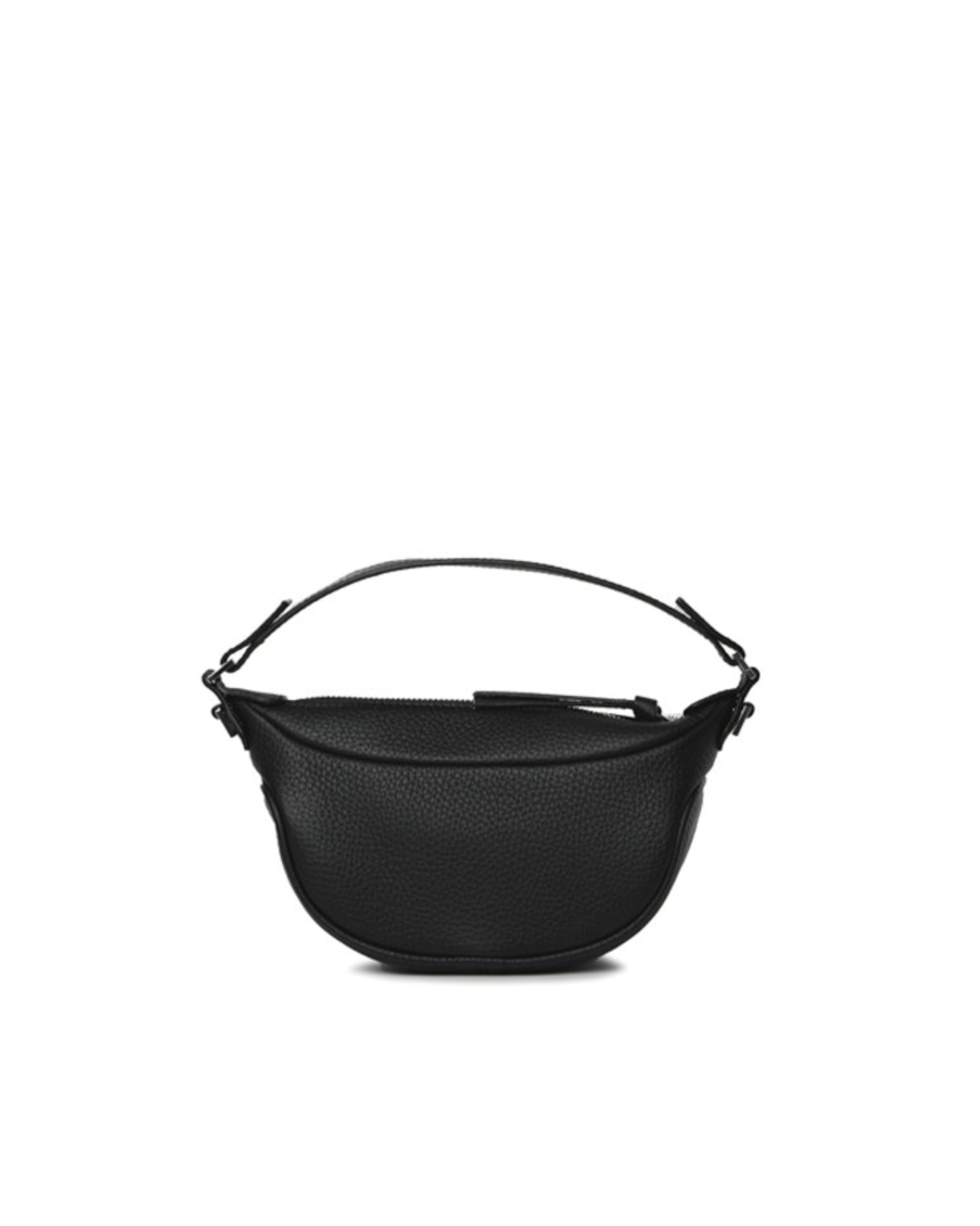 Black leather mini shoulder bag with textured finish held open to show interior — By Far | Endless UAE