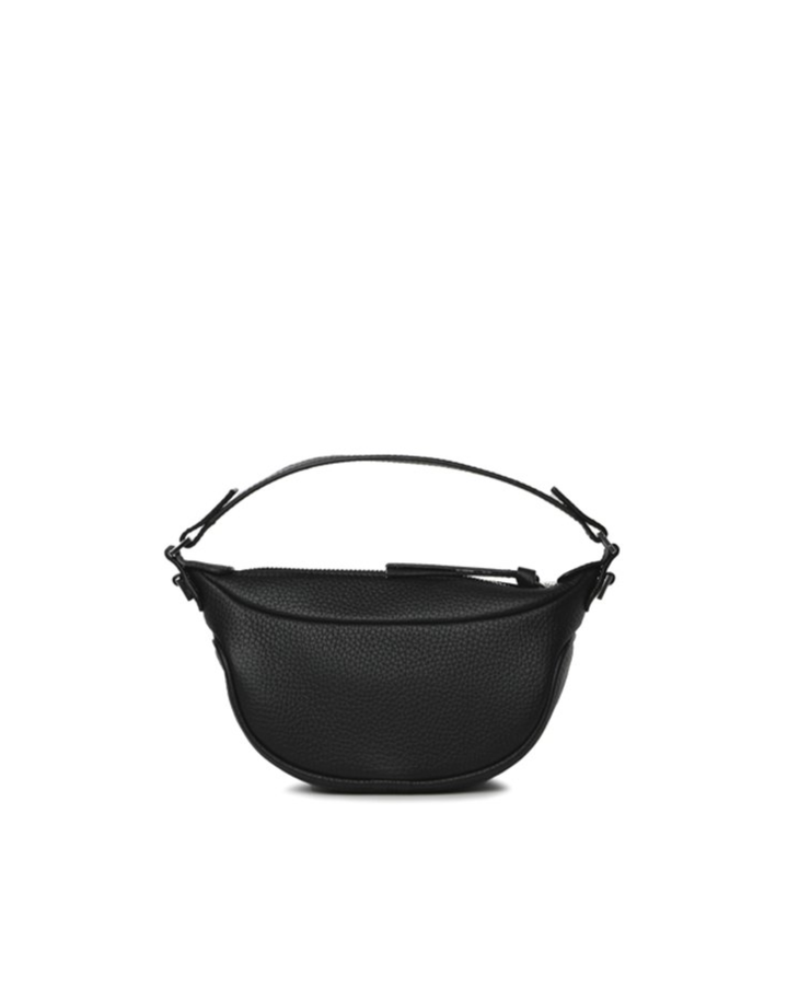 Black leather mini shoulder bag with textured finish held open to show interior — By Far | Endless UAE