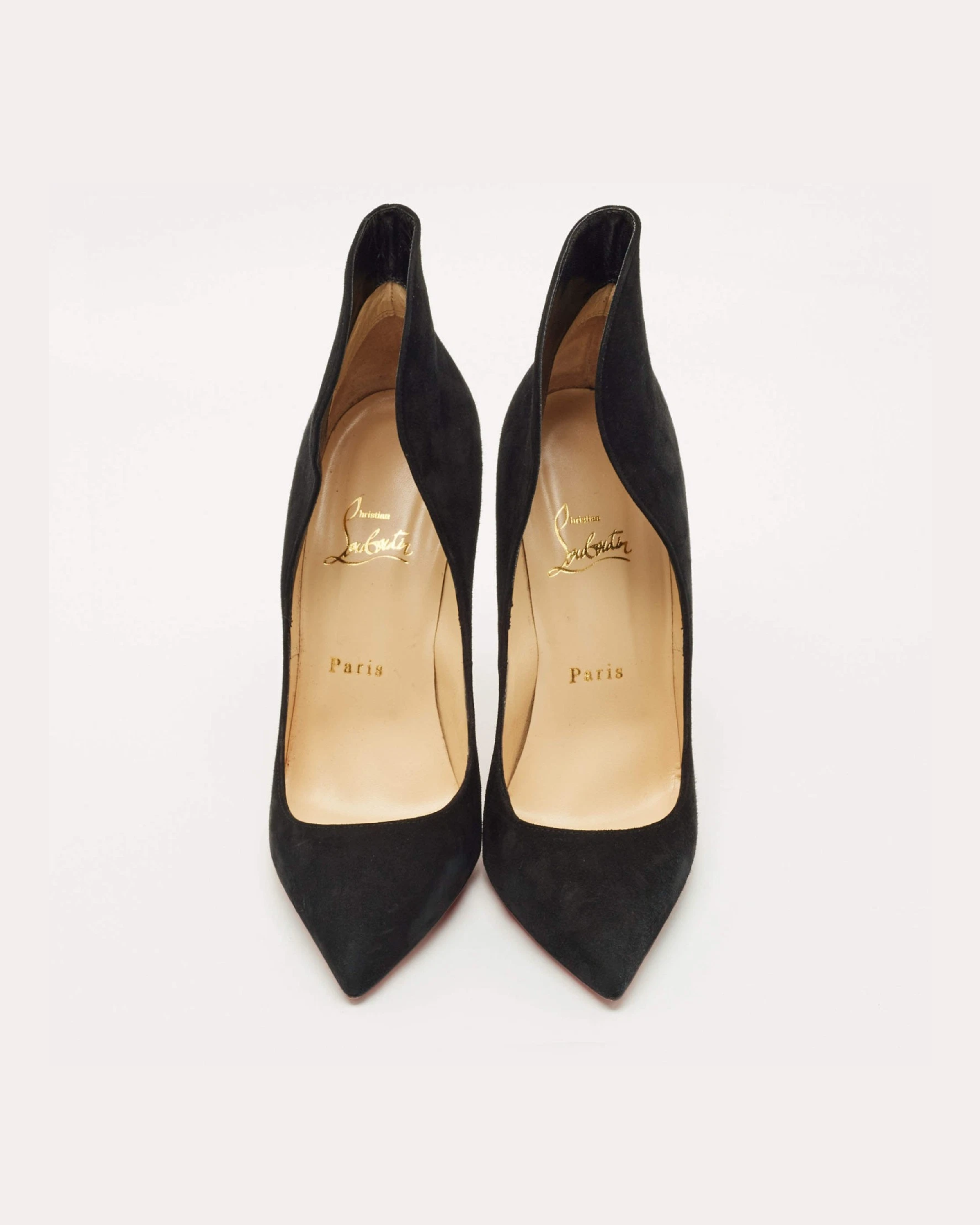 Black suede pointed-toe pumps with cream insoles and tan leather interior — Endless | Endless UAE