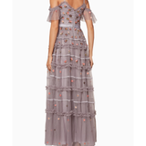 Vintage-Lavender Celeste Embellished Gown with tiered ruffles and floral beading — Needle & Thread | Endless UAE