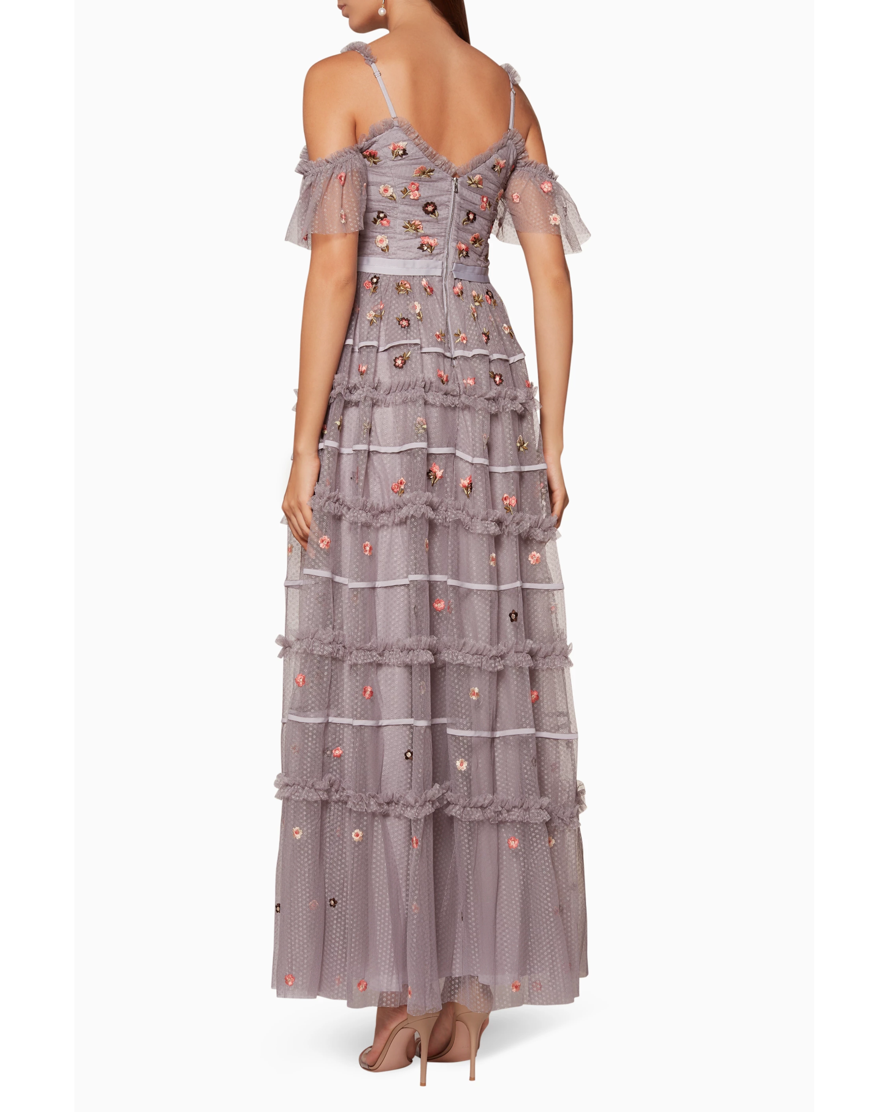 Vintage-Lavender Celeste Embellished Gown with tiered ruffles and floral beading — Needle & Thread | Endless UAE