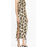 Elena Midi Dress with black leaf print, high neckline, sleeveless cut, and lace-up side details — De La Vali | Endless UAE