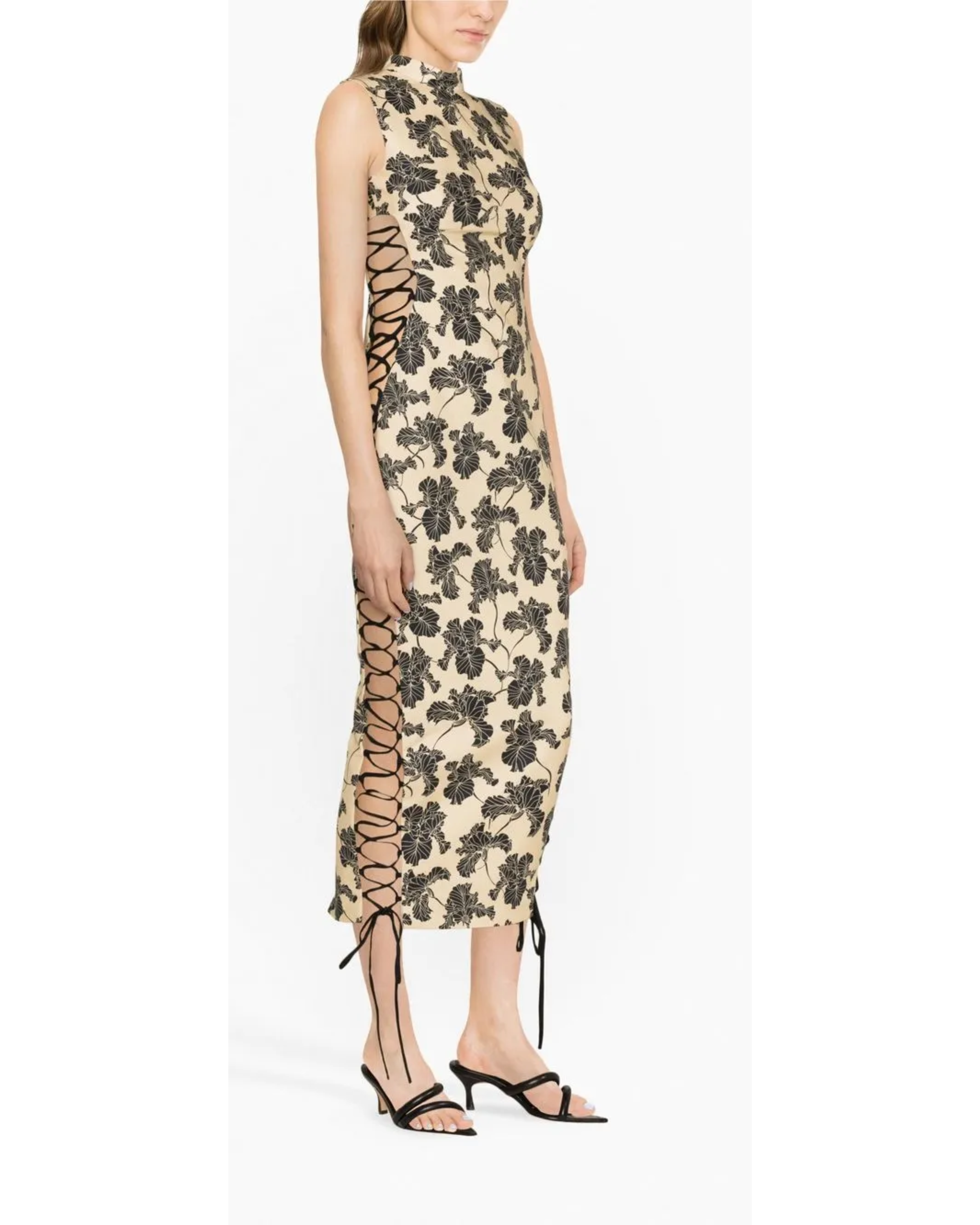 Elena Midi Dress with black leaf print, high neckline, sleeveless cut, and lace-up side details — De La Vali | Endless UAE