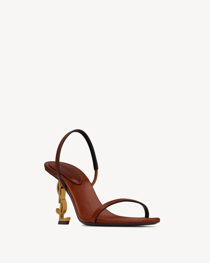 Brown leather slingback sandals with thin straps and gold YSL logo heel — Saint Laurent | Endless UAE