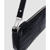 Black crocodile embossed leather shoulder bag held in hand against white background — By Far | Endless UAE