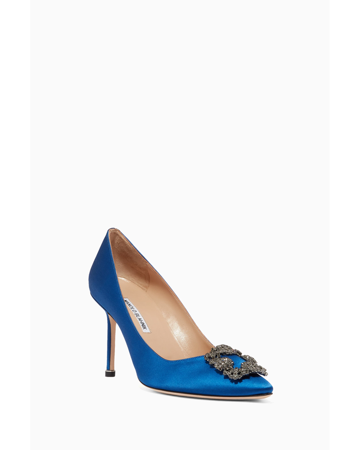 Blue satin pointed-toe pumps with crystal embellished square buckle and 90mm stiletto heel — Manolo Blahnik | Endless UAE