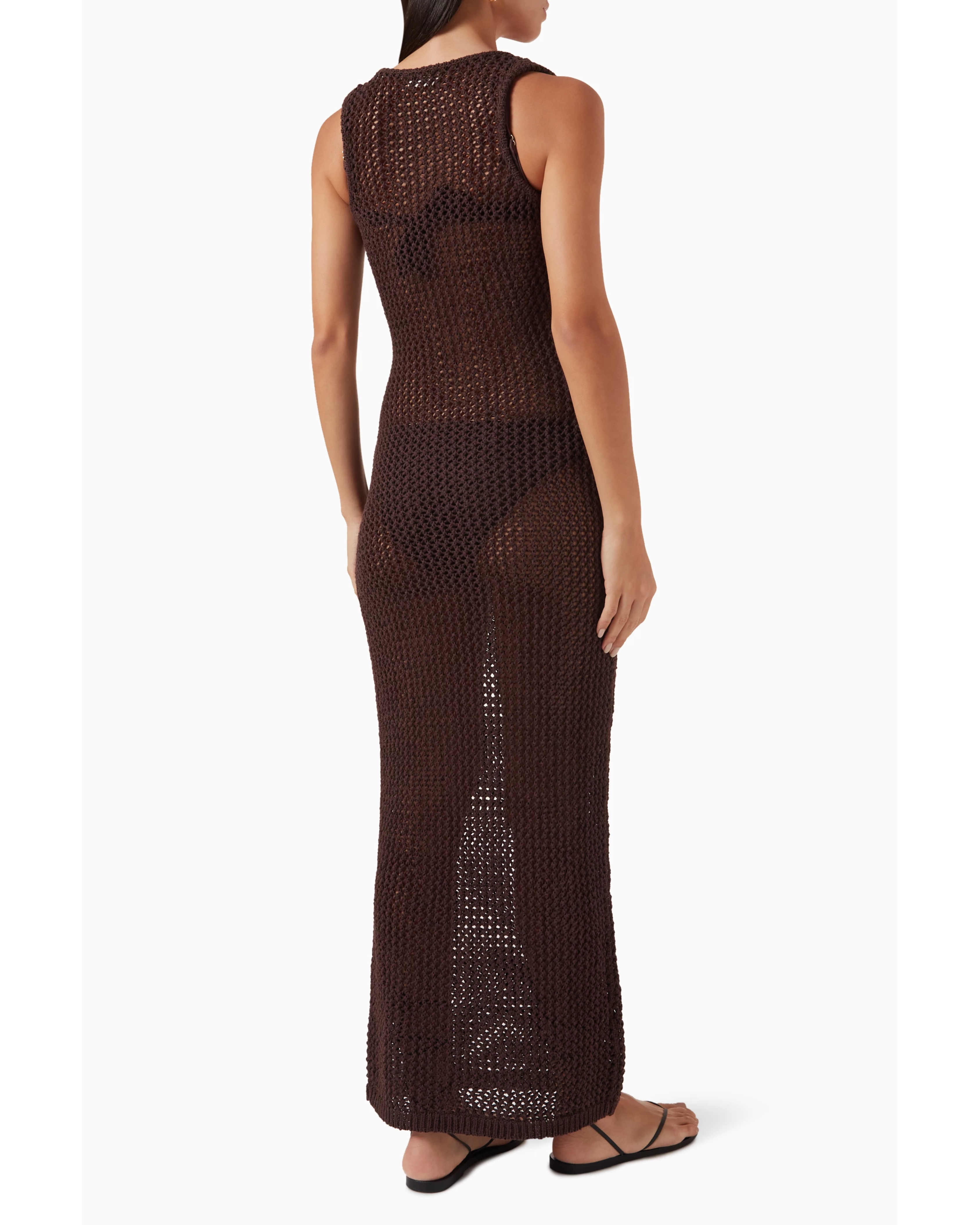 Brown crochet tie dress with open knit design and drawstring closure — Monday Swimwear | Endless UAE