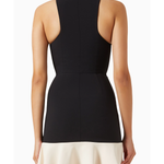 Woman wearing black and cream mini dress with gold turn-lock belt and chain shoulder bag — Elisabetta Franchi | Endless UAE