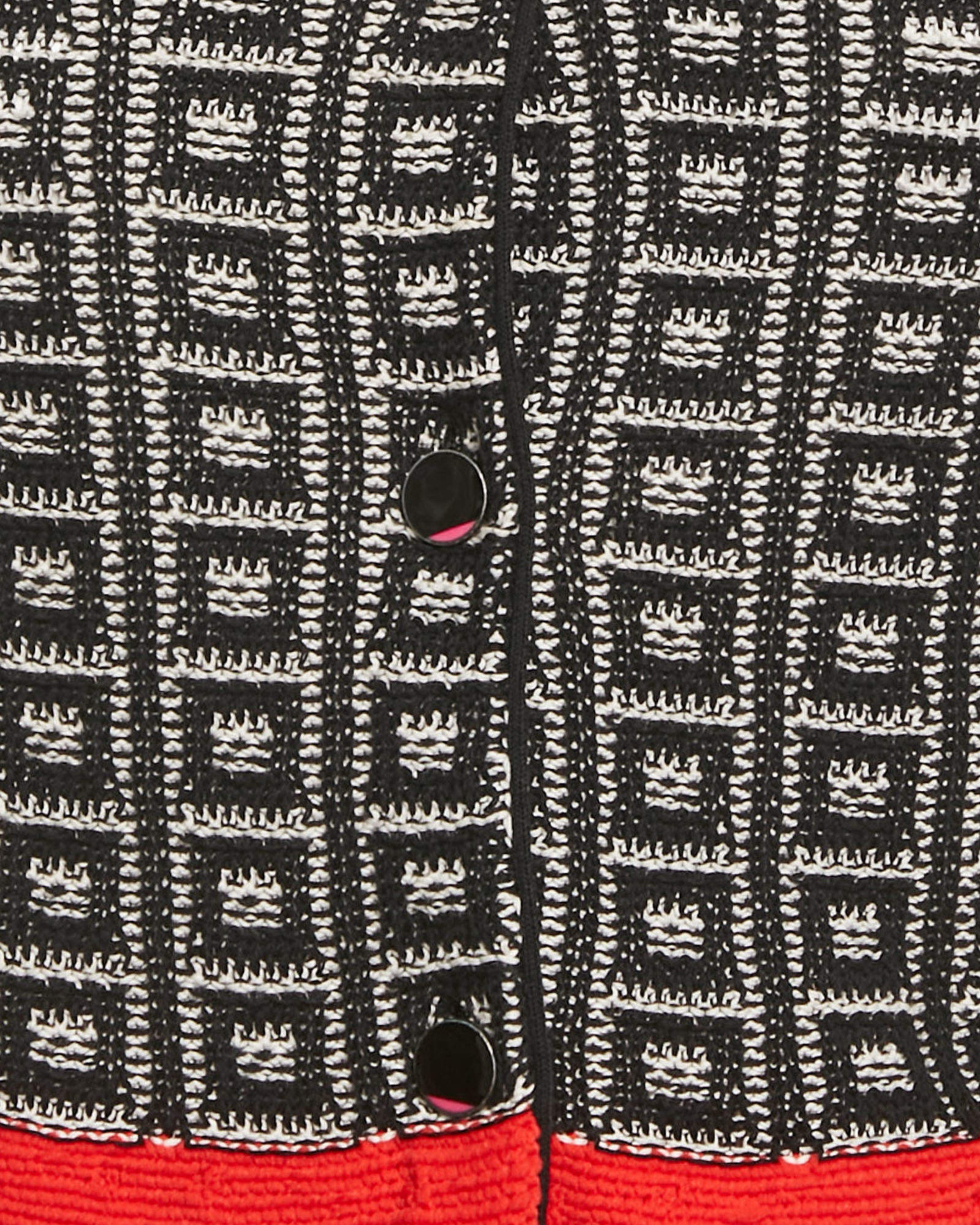 Black geometric patterned crop cardigan with red waistband and cuffs — Bottega Veneta | Endless UAE