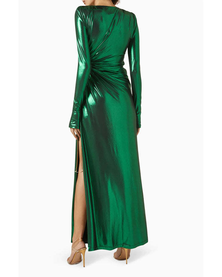 Woman wearing emerald green wet-look long-sleeve maxi dress with ruched waist detail — Daname | Endless UAE