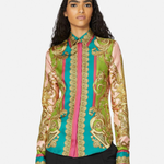 Woman wearing Barocco Goddess silk shirt in yellow with baroque print and colorful placket — Versace | Endless UAE