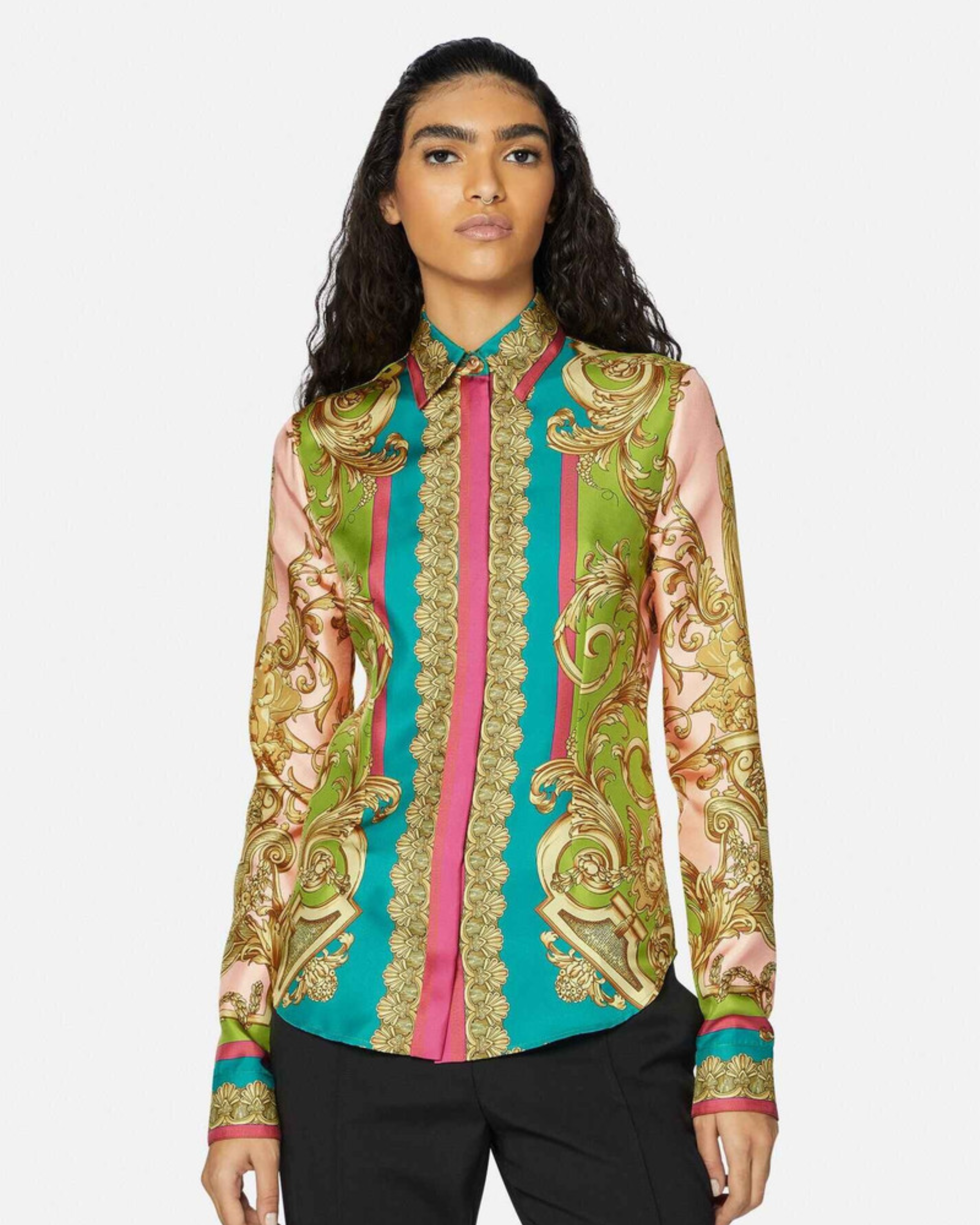 Woman wearing Barocco Goddess silk shirt in yellow with baroque print and colorful placket — Versace | Endless UAE
