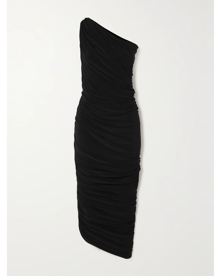 Black one-shoulder ruched jersey gown with blue clutch — Norma Kamali | Endless UAE
