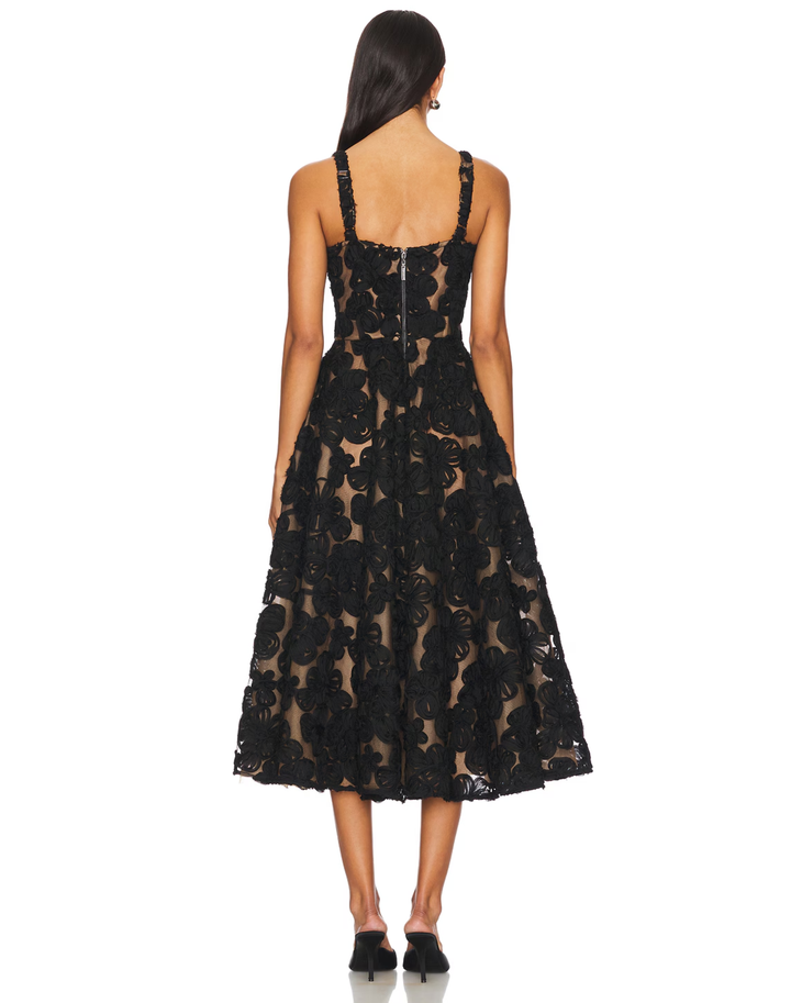 Black lace midi dress with floral pattern, fitted bodice, A-line skirt, back zip closure and nude underlay — Bronx & Bronco | Endless UAE