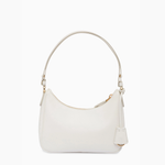 White Saffiano leather mini shoulder bag with curved silhouette, single handle, gold hardware and logo tag — Prada | Endless UAE