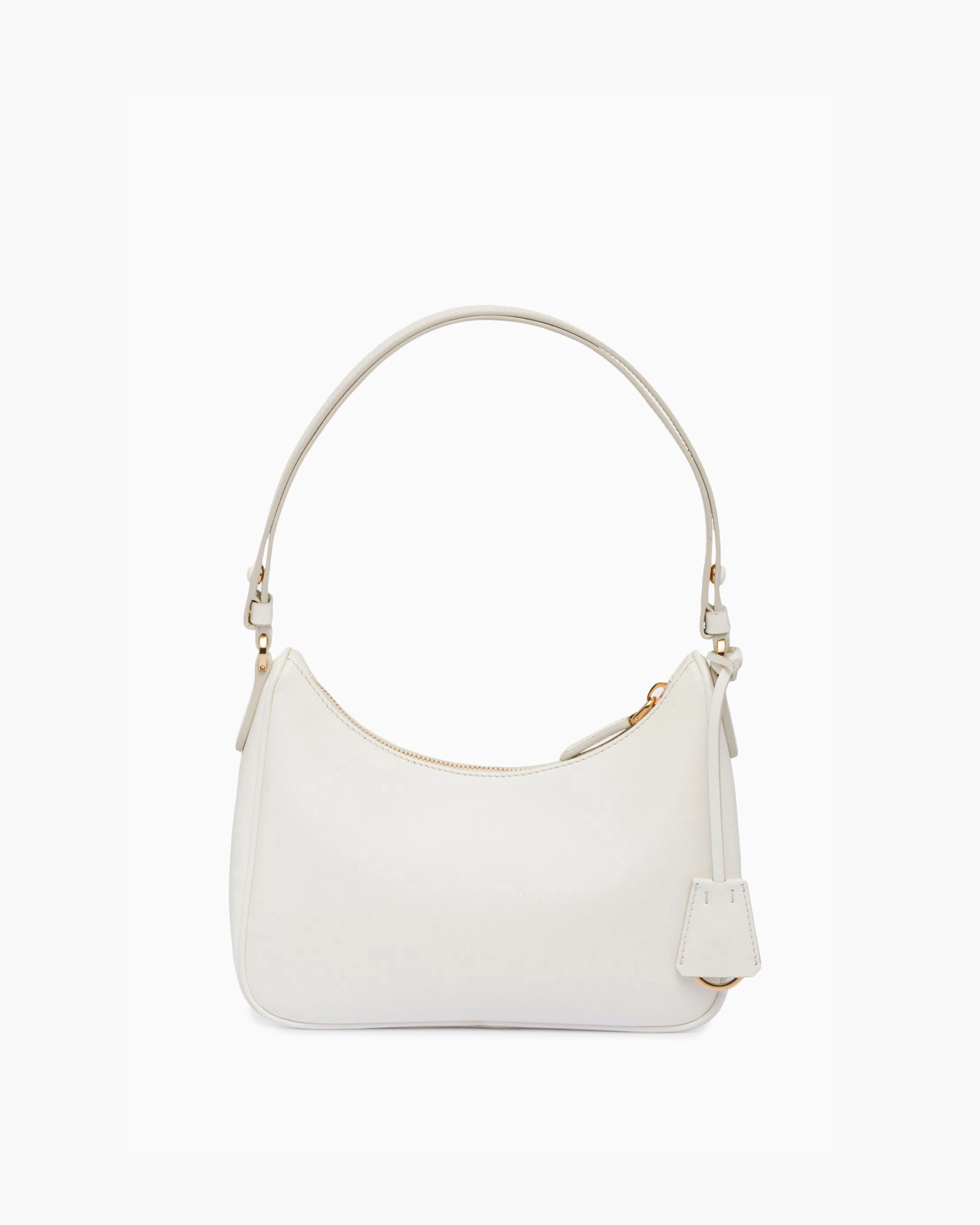 White Saffiano leather mini shoulder bag with curved silhouette, single handle, gold hardware and logo tag — Prada | Endless UAE