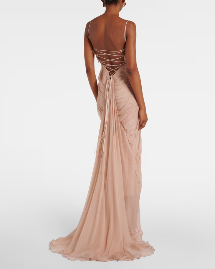 Blush pink silk gown with gathered draping and lace-up back detail, floor-length evening dress — Maria Lucia Hohan | Endless UAE
