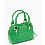 Green crocodile-embossed mini tote bag with gold hardware held by hand — By Far | Endless UAE